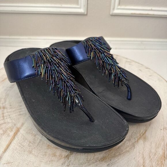 FITFLOP Rumba Iridescent Beaded Toe Post Sandal Women Size 10 Metallic Blue 336 - Picture 1 of 8